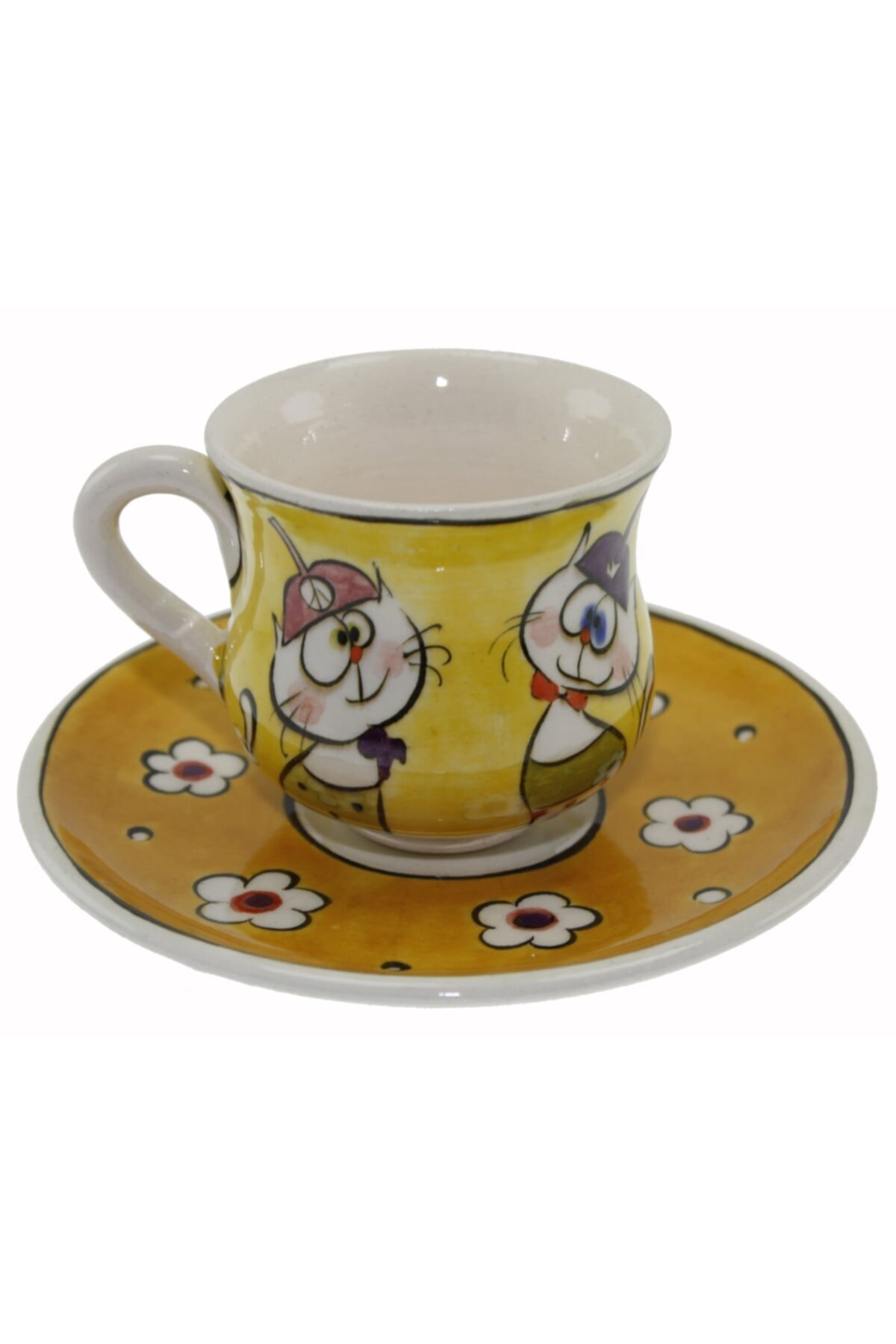Sarı Zemin Hunili Kediler Dekorlu Çini Seramik Kahve Fincanı Tekli Tabak:12cm Fincan:6x8cm