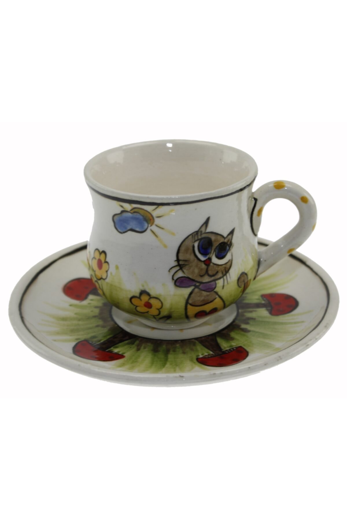 Siesta Kedi Dekorlu Çini Seramik Kahve Fincanı Tekli Tabak:12cm Fincan:6x8cm