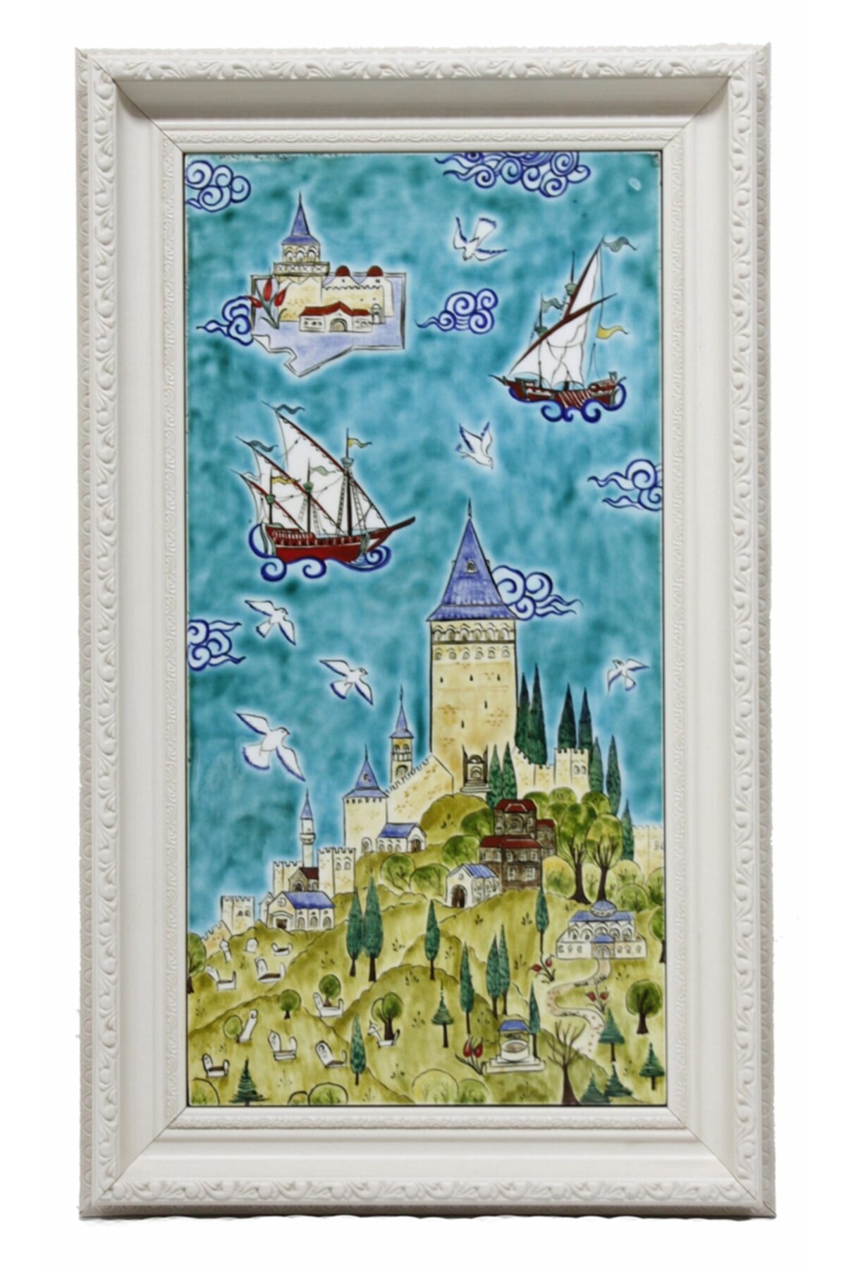 İstanbul Galata Ve Rumeli Minyatür Dekorlu Çini Seramik Tablo 30x50 Cm
