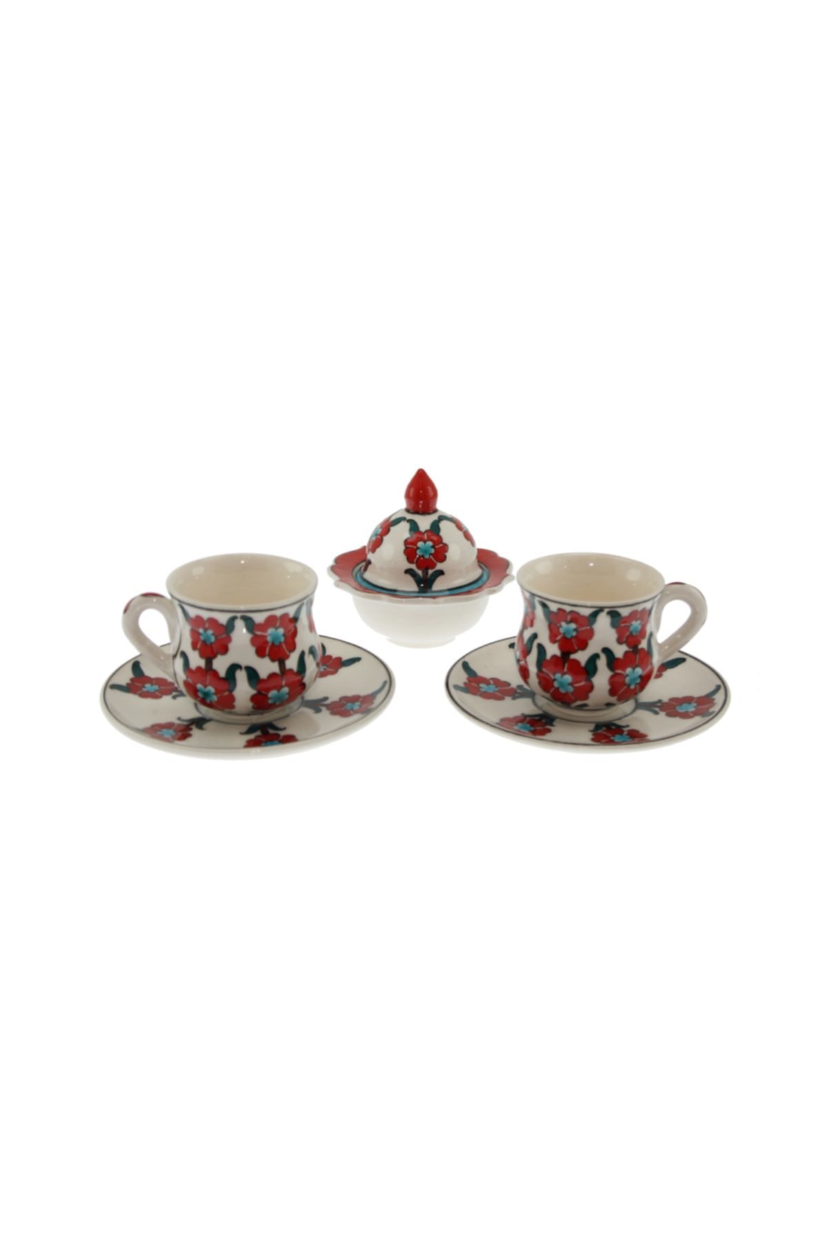 Beyaz Zemin Hayat Ağacı Dekorlu Çini Seramik Kahve Fincanı Set Lokumluklu T:12cm F:6x8cm L:5cm