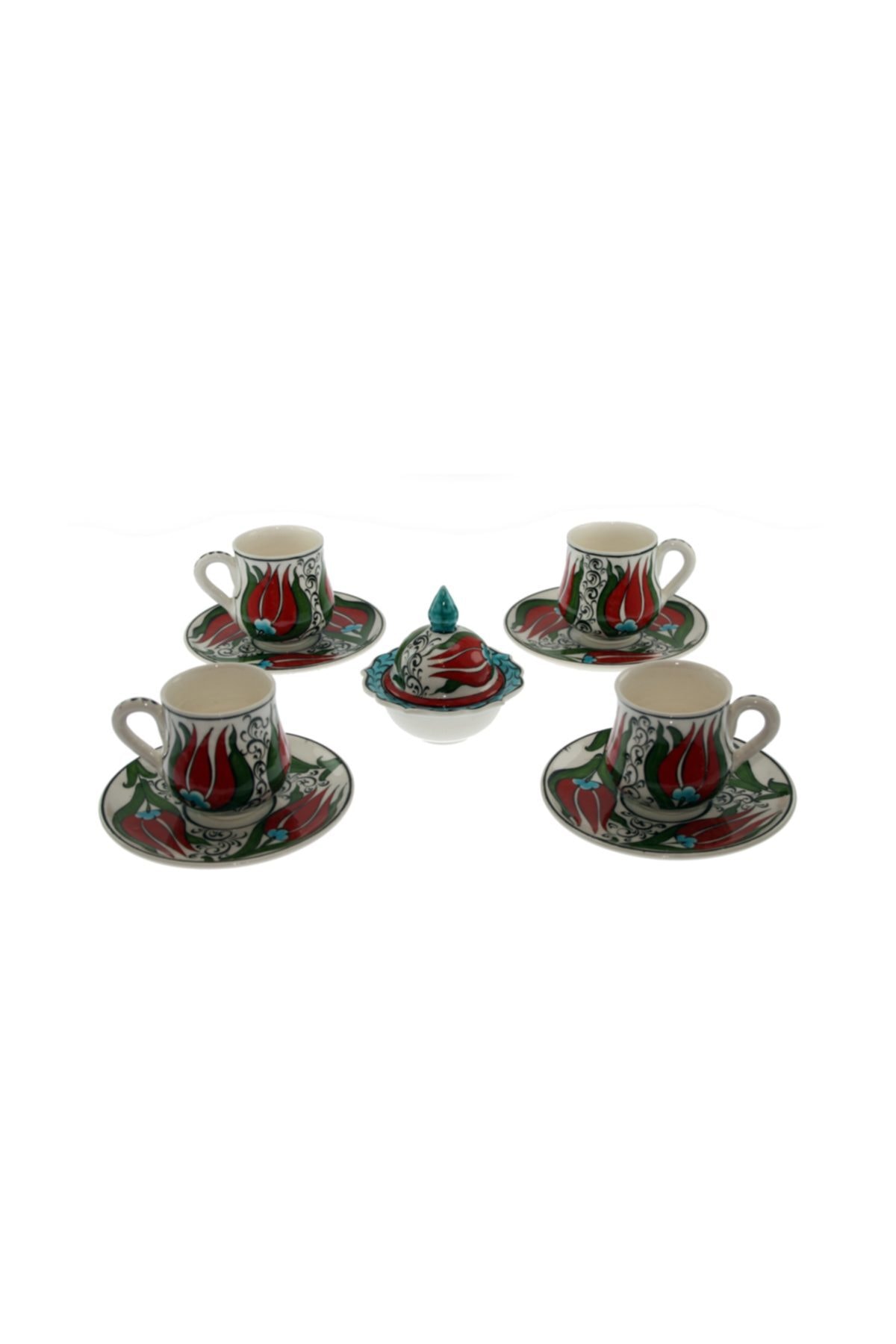 Kırmızı Çift Lale Dekorlu Çini Seramik Kahve Fincanı Set Lokumluklu T:12cm F:6x8cm L:5cm