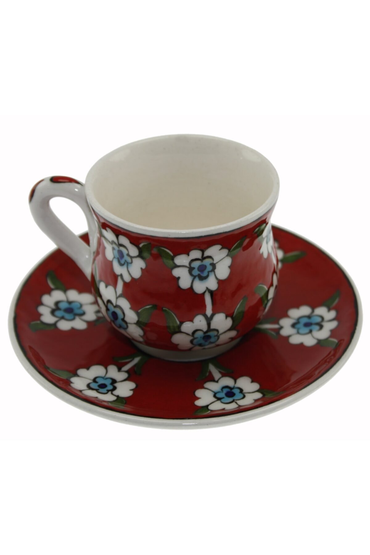 Kırmızı Zemin Hayat Ağacı Dekorlu Çini Seramik Kahve Fincanı Tekli Tabak:12cm Fincan:6x8cm