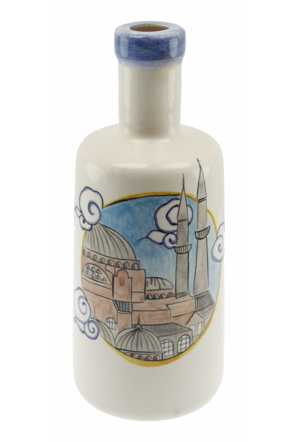 İstanbul Ayasofya Sultan Ahmet Cami Minyatür Dekorlu Seramik Zeytinyağı Şişesi 500 ml