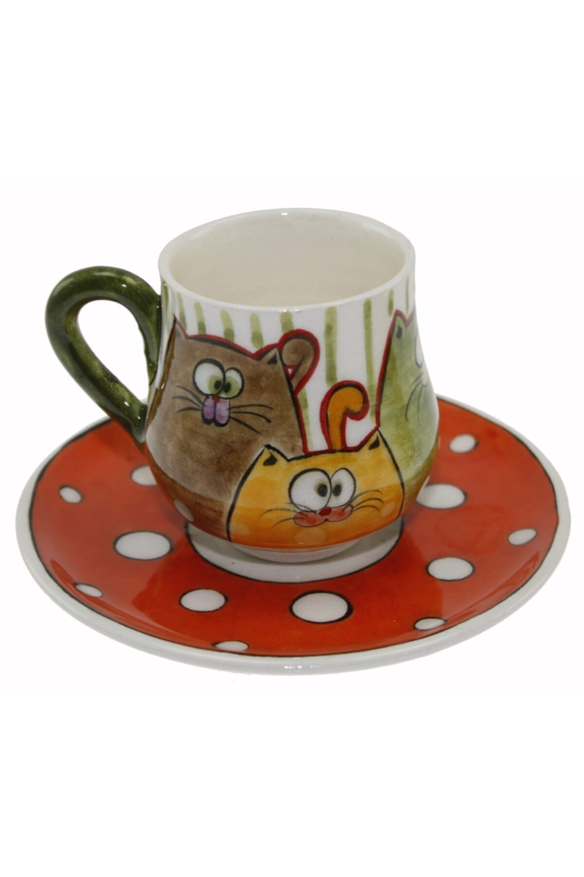Turuncu Kediler Dekorlu Çini Seramik Kahve Fincanı Tekli Tabak:12cm Fincan:6x8cm