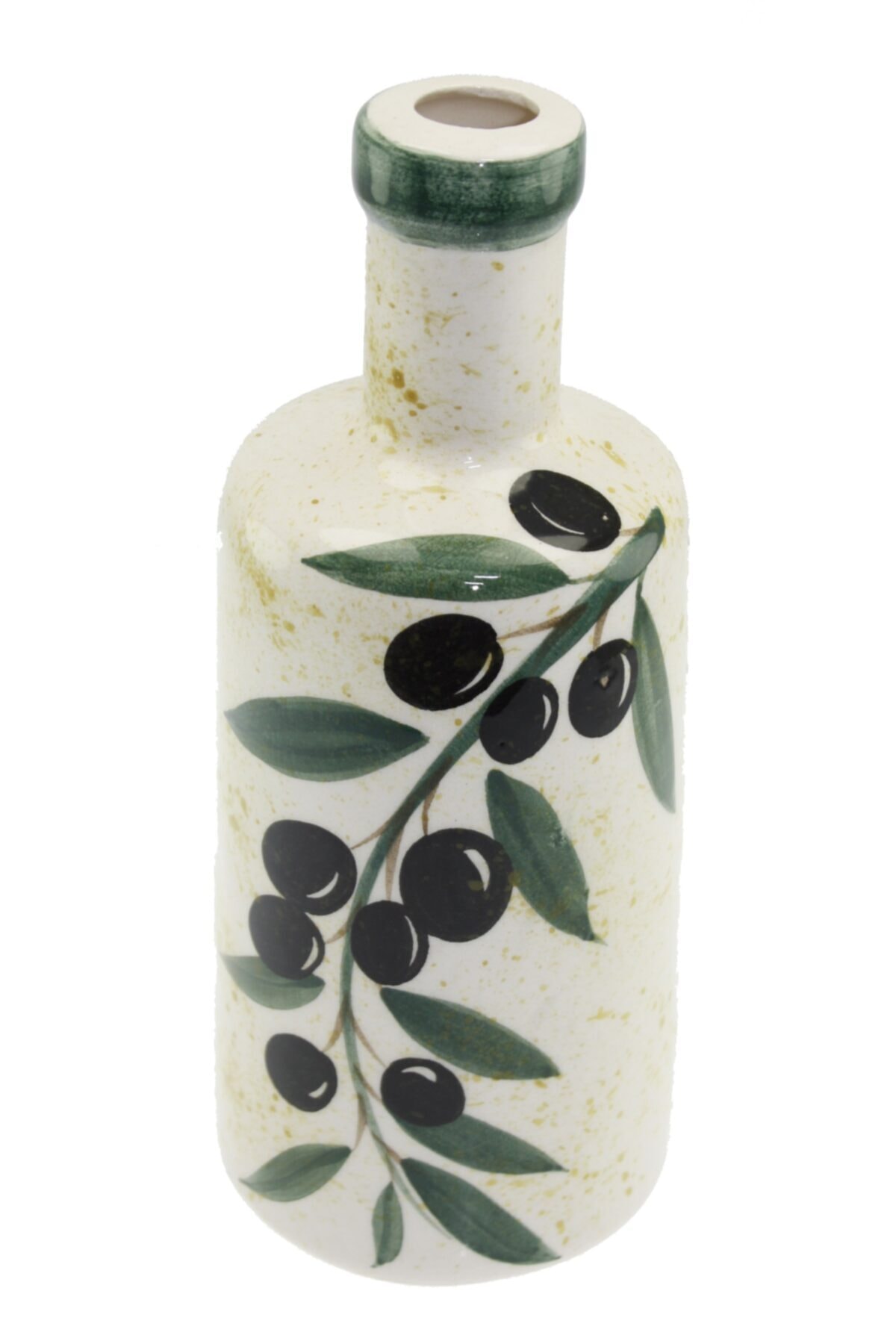 Yeşil Yapraklı Siyah Zeytin Dekorlu Seramik Zeytinyağı Şişesi 500 ml