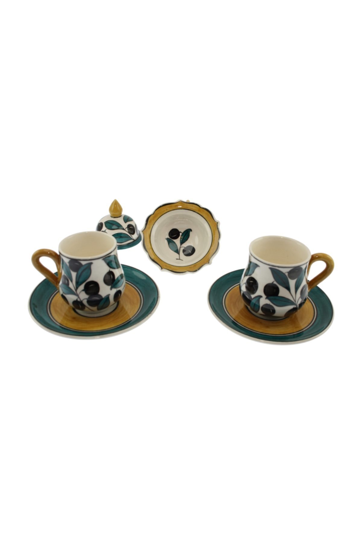 Siyah Zeytin Bezemeli Dekorlu Çini Seramik Kahve Fincanı Set Lokumluklu T:12cm F:6x8cm L:5cm